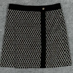 Anne Klein Skirt Womens 6 Black White Geometric Metallic Gold Lion Button Cotton